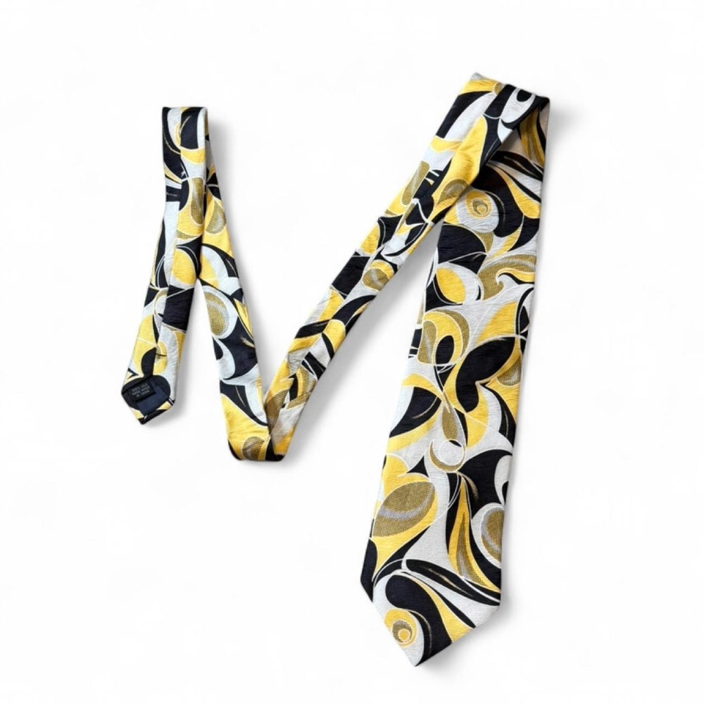 Vintage 90s John Blair Yellow & Black Abstract Swirl Pattern 100% Silk Tie
